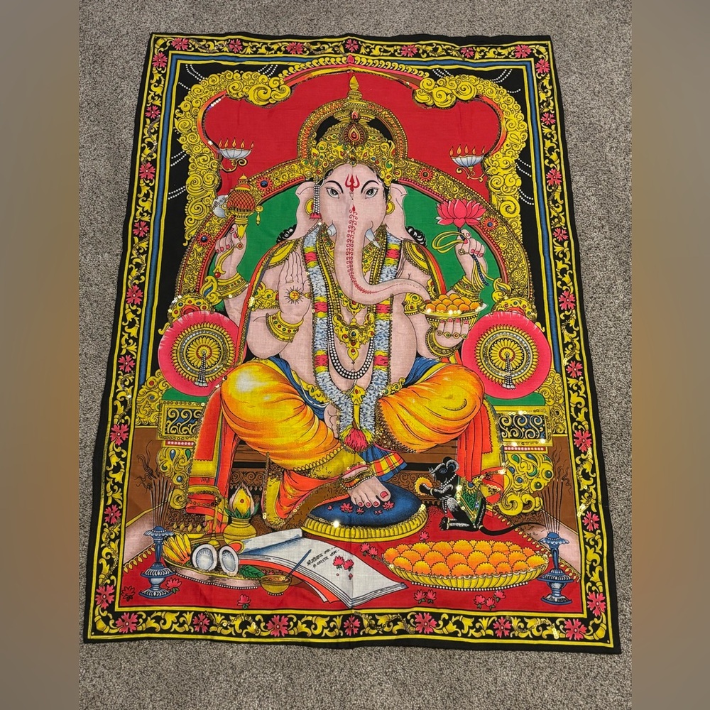 Lord Ganesha Vibrant Spiritual Elephant God Tapestry sequins